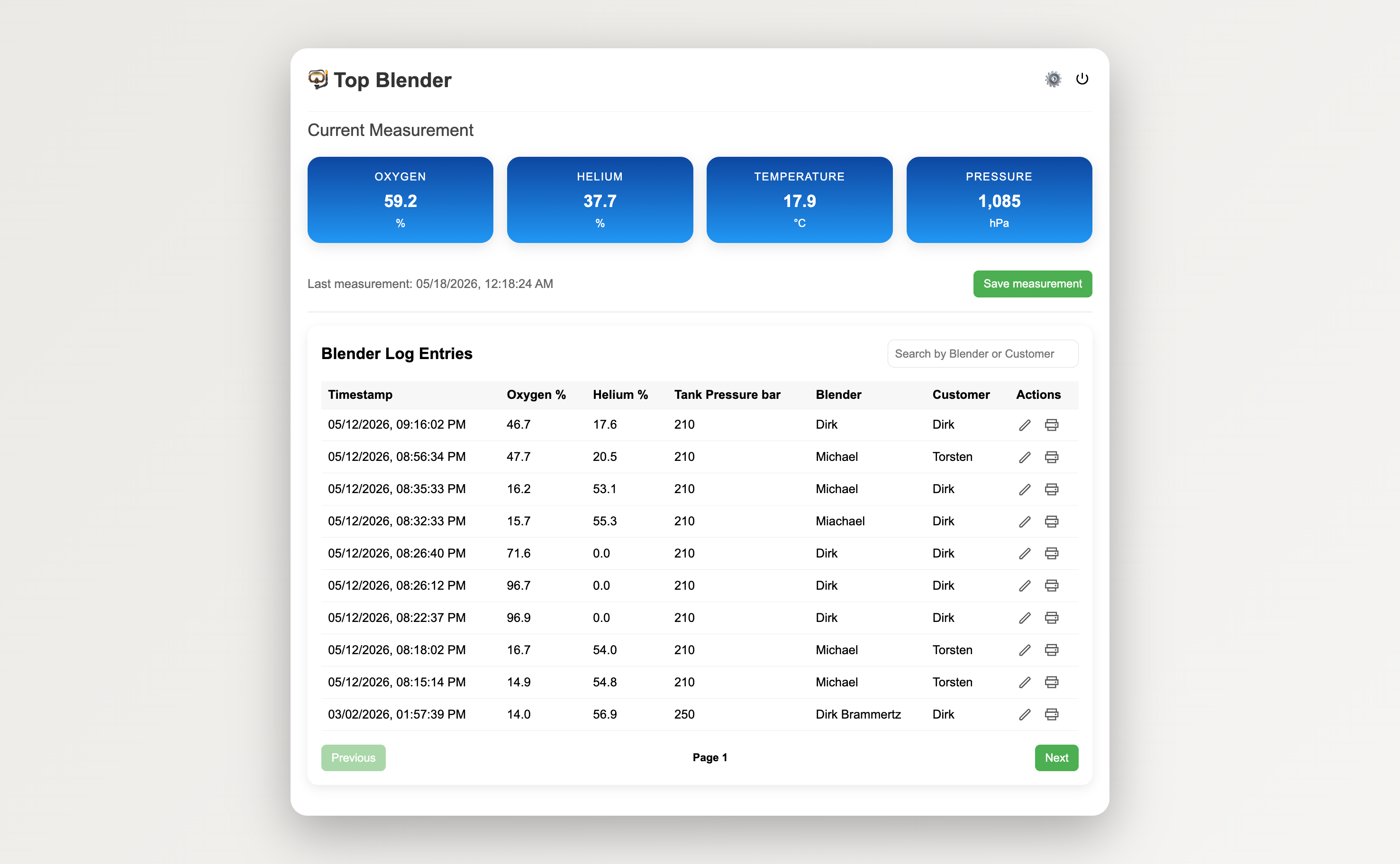 Home screen — live analyzer readings and blender log