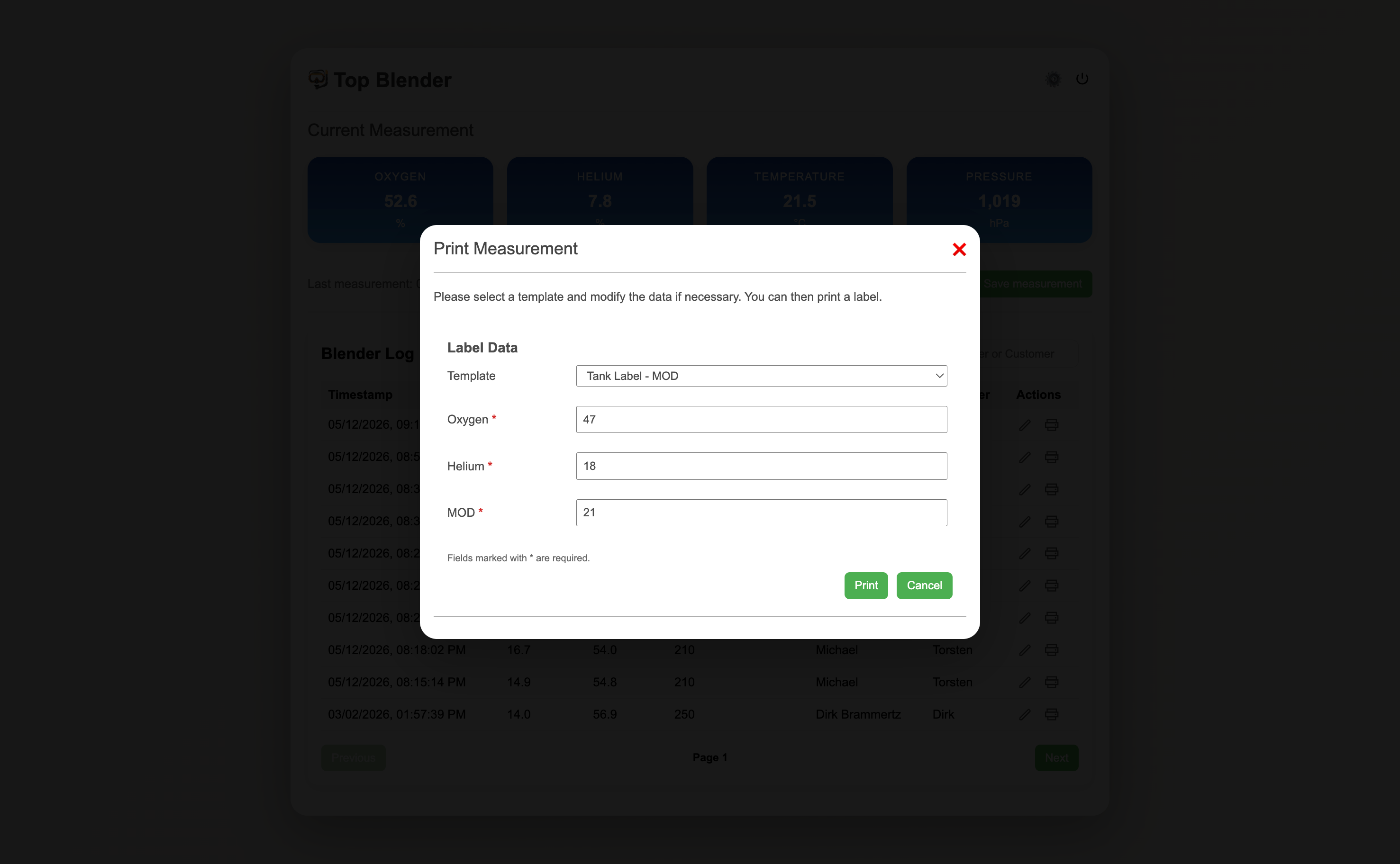 Print dialog — Tank Label MOD template