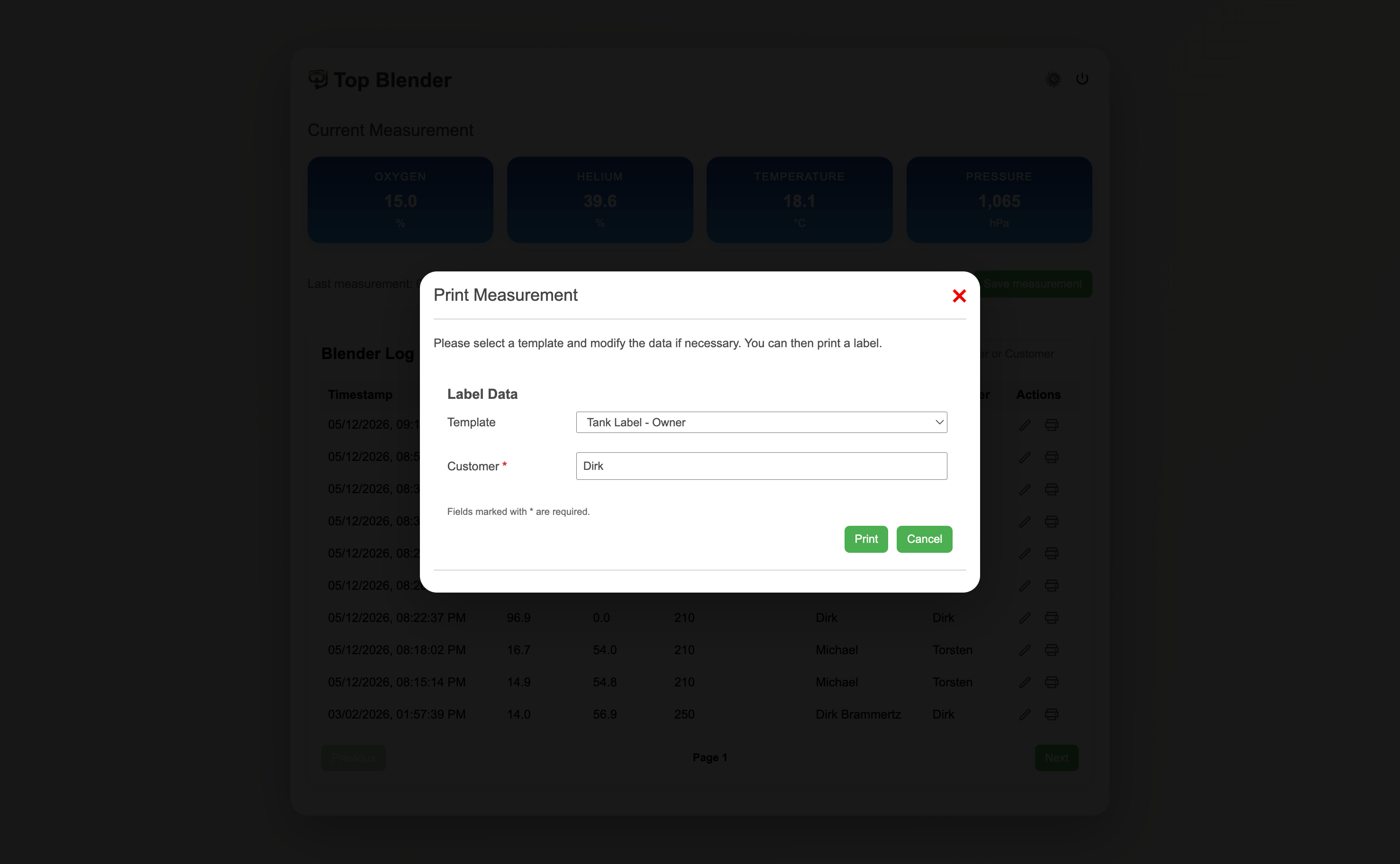 Print dialog — Tank Label Owner template